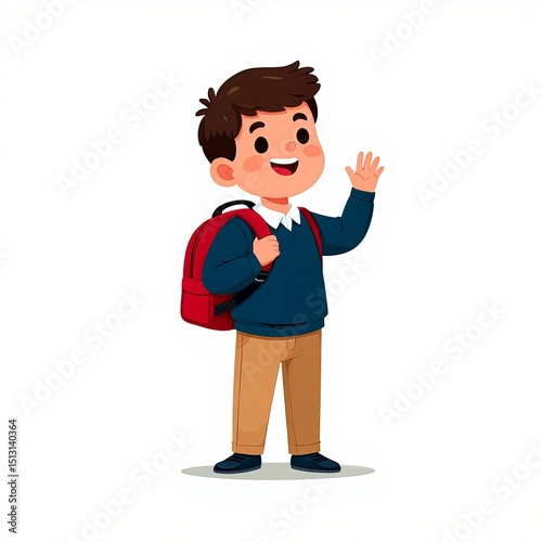 Happy schoolboy with red backpack waving smiling ready for education or a new day