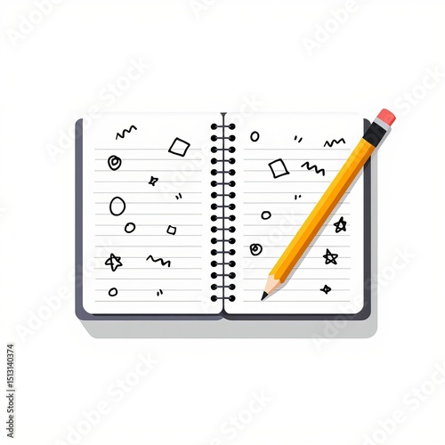 Open notebook with hand drawn doodles and pencil on white background education and creativity