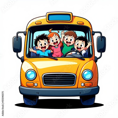 Happy children riding school bus smiling and waving for back to school education
