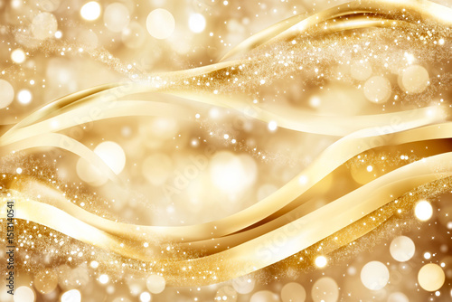 Golden wavy lines creating abstract festive background with sparkling glitter and bokeh lights