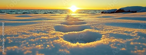 Golden Sunset Over a Frozen Ocean with Ice Formations