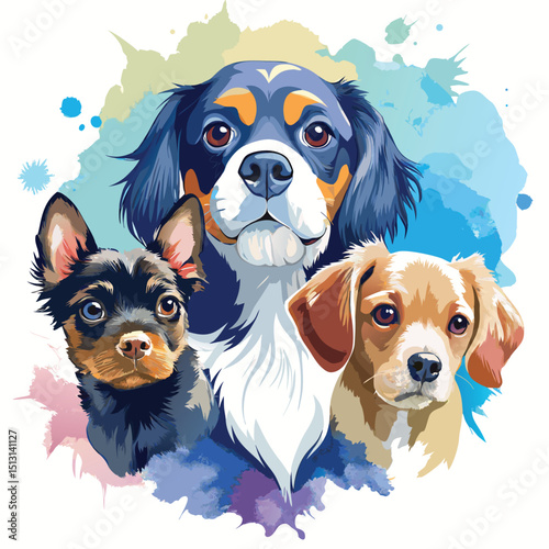 Three Adorable Watercolor Dogs Portrait Bernese Mountain, Chihuahua, Golden Retriever Illustration