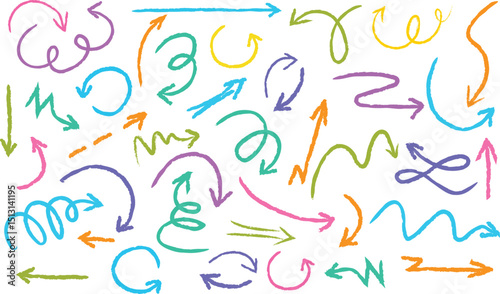 Pastel chalk arrow doodle set with hand drawn swirls, pointers, curves. Artistic crayon strokes, sketchy pencil scribbles, marker lines. Colorful grunge style design UI elements for creative projects.