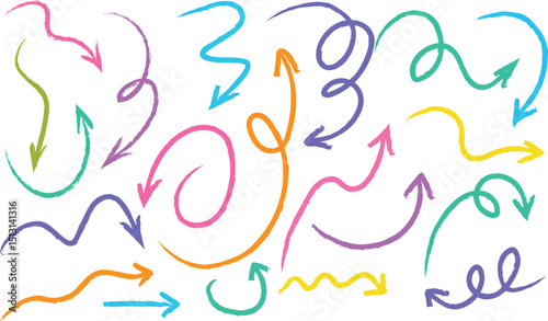 Pastel chalk arrow doodle set with hand drawn swirls, pointers, curves. Artistic crayon strokes, sketchy pencil scribbles, marker lines. Colorful grunge style design UI elements for creative projects.