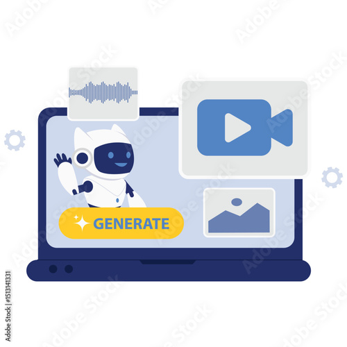 An AI robot facilitates media generation including audio, video, and image content on a laptop screen.