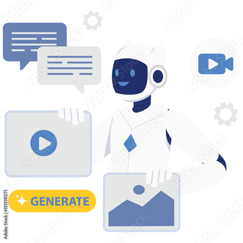 A robot presents generated images and videos surrounded by chat and media icons.