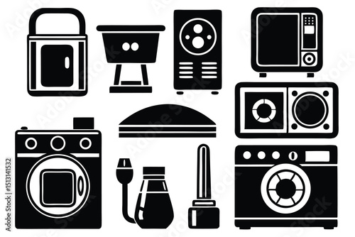 Retro Household Appliances Vintage Washer, TV, Radio, Grill Icons