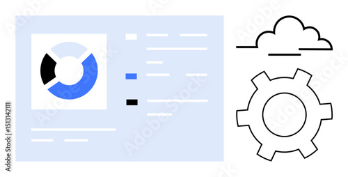 Pie chart on data dashboard, cloud, and gear highlighting analytics, cloud services, and automation. Ideal for technology, workflow, planning, innovation research IT simple landing page