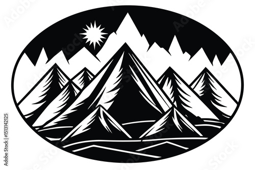 Majestic Mountain Range Illustration Black and White Peak Design