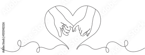 Holding hands in heart frame one line drawing on white background isolated. Vector illustration
