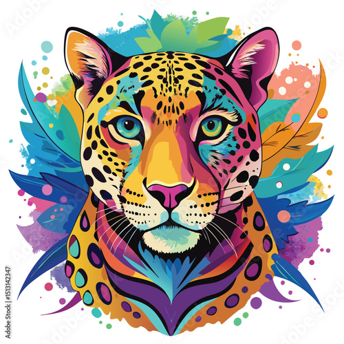 Vibrant Jaguar Portrait with Watercolor Splashes and Floral Accents Illustration on White Background