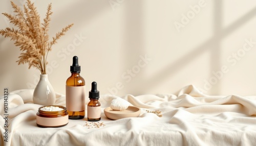 natural flat lay of a minimalist skincare routine with glass dropper bottles