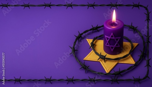 Purple candle with a star of David and barbed wire on a violet background with copy space