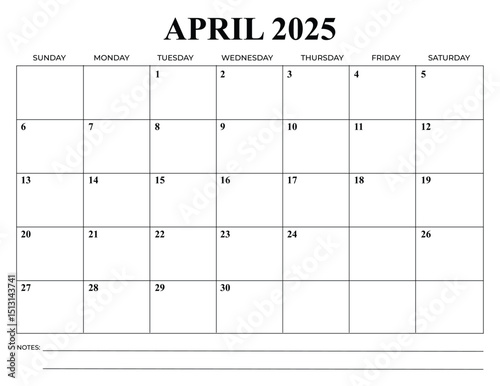 Monthly Calendar April 2025 Vector Design