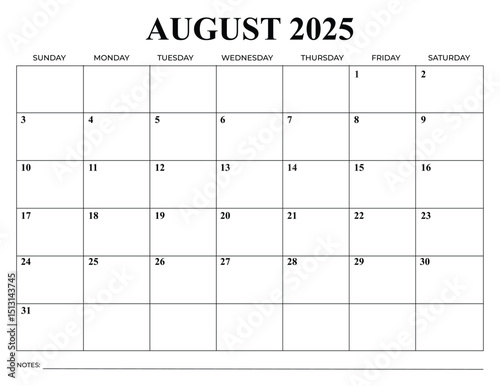 Monthly Calendar August 2025 Vector Design