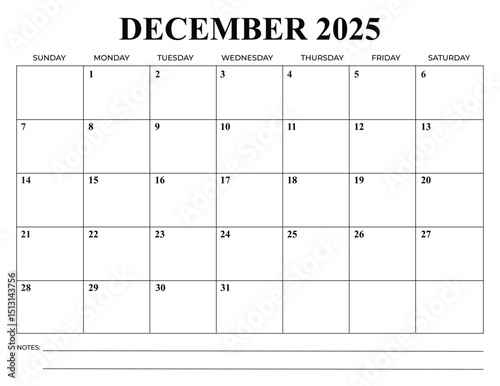 Monthly Calendar December 2025 Vector Design