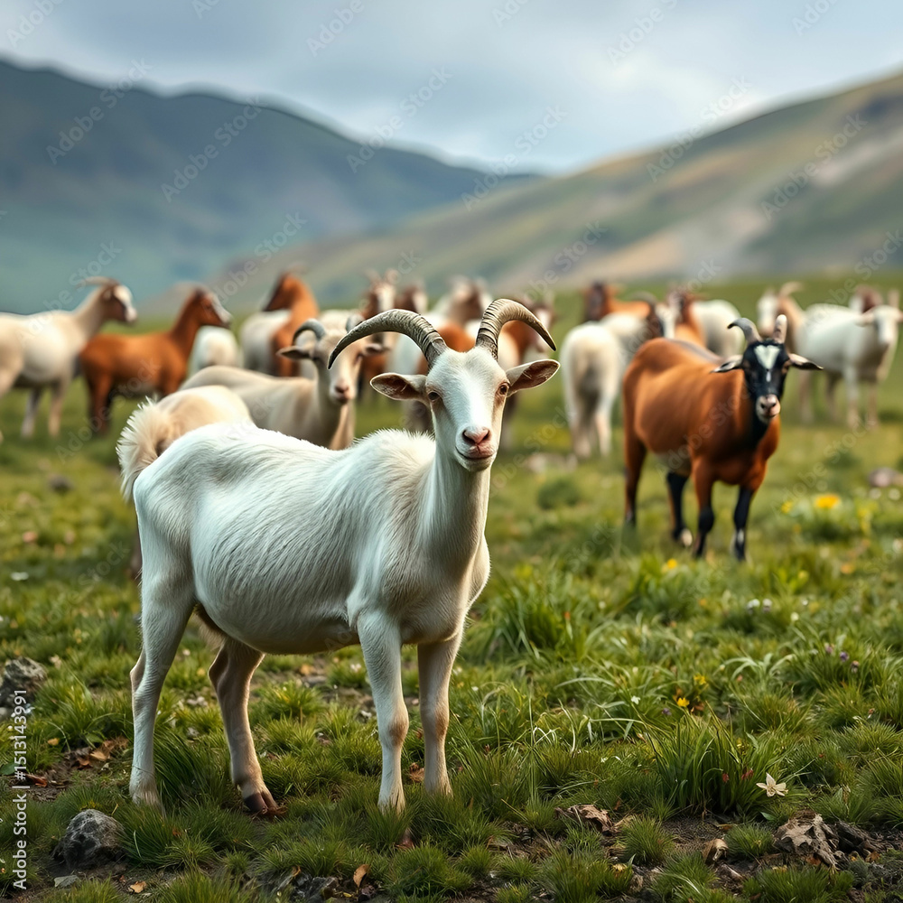 Obraz premium Photorealistic Flock of Goats Grazing Peacefully in Natural Landscape