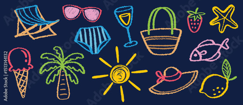 Clip Art Chalk or Crayon Kid Draw with Summer Vacation Theme on Doodle Scribble Style for Kindergarten School, Palm Tree, Tropical, Beach etc in Vector