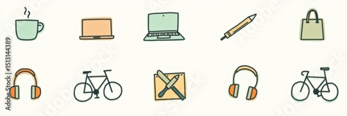 Minimalist vector icons set for Adobe Stock. Includes laptops, headphones, bicycles, coffee cups, and bags. Ideal for modern designs, productivity graphics, lifestyle projects, and branding.