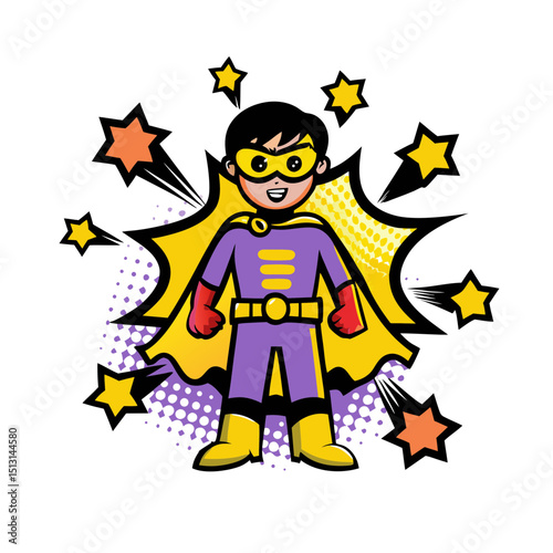 Young boy dressed as a superhero in pop art comic style on transparent background  