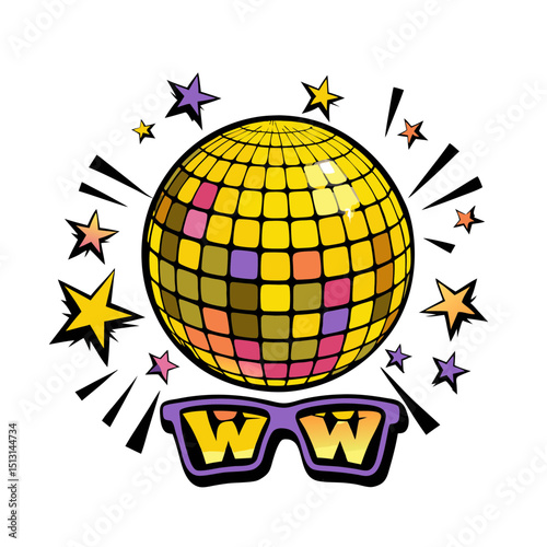 Colorful disco ball with stars and glasses in pop art comic style, transparent background  