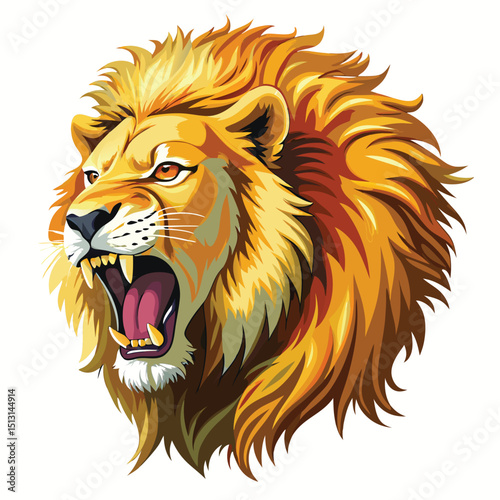 Watercolor Illustration of a Roaring Golden Lion Head with Sharp Teeth and Mane