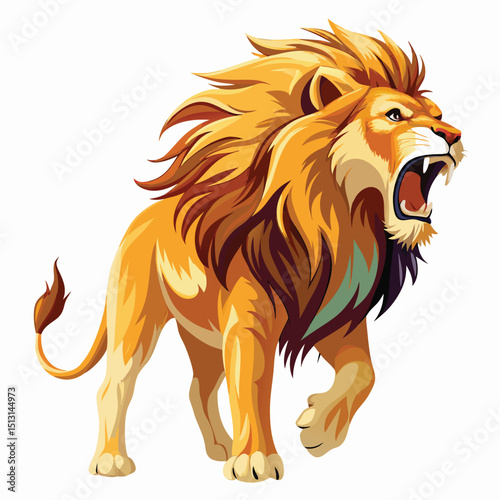 Watercolor Illustration of a Roaring Golden Lion Walking Forward with Majestic Mane
