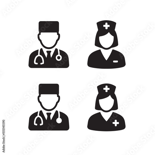 Silhouette Icons of Doctors and Nurses in Uniform