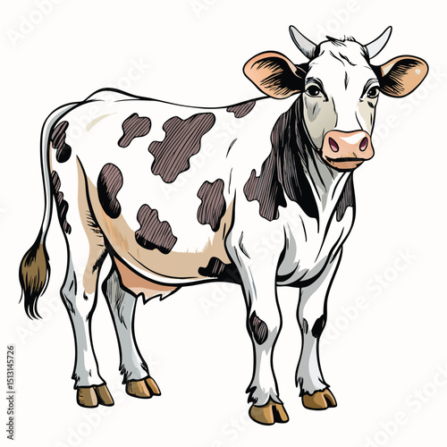 Watercolor Painting of a White Cow with Brown Spots Standing Calmly Isolated