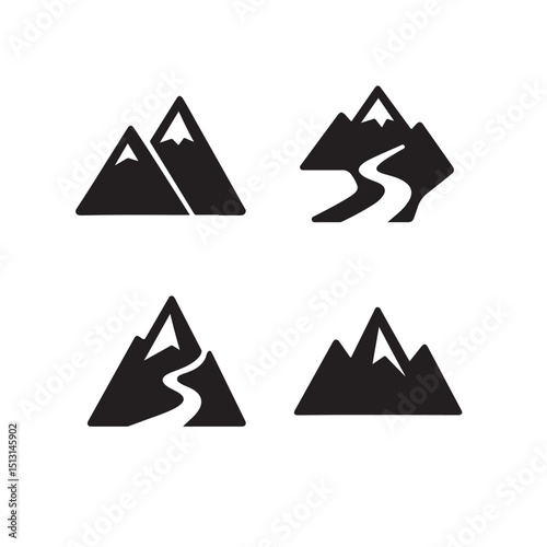 Mountain Peak and Hiking Trail Icons for Nature Tourism