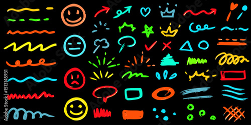 Line hand drawn brush marker underline, highlight, star element color kid set. Hand drawn sketch marker underline shape, arrow, star scribble brush pen stroke highlight element. Vector illustration