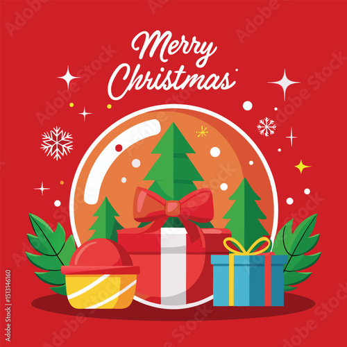 Merry christmas party glass ball and gift box for flyer brochure design on red background invitation theme concept. Happy holiday greeting banner and card