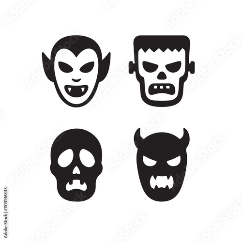 Scary Mask Icons Including Vampire and Monster Faces