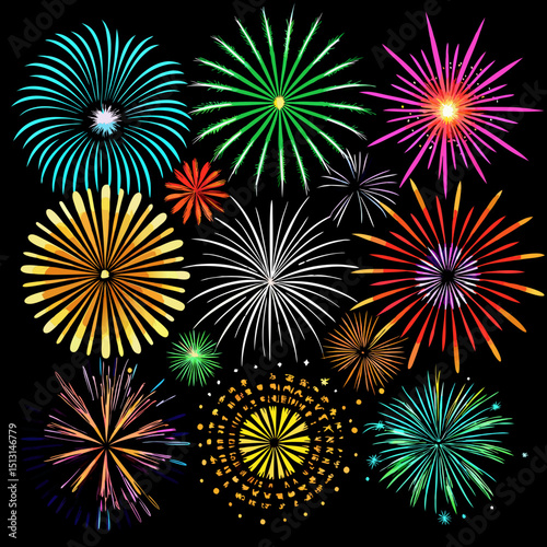 Collection festive fireworks of various colors arranged on  transparent background 