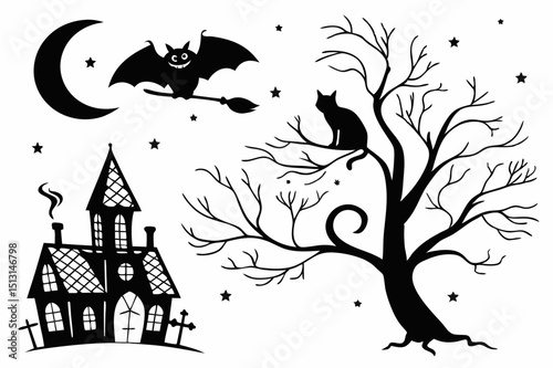 halloween,spooky,haunted house,bare tree,moon,bats,silhouette,dark,monochrome,gothic,vector art

