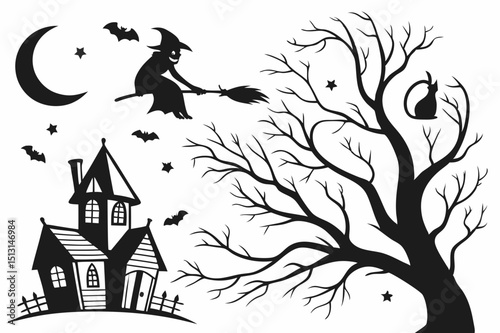 halloween,spooky,haunted house,bare tree,moon,bats,silhouette,dark,monochrome,gothic,vector art

