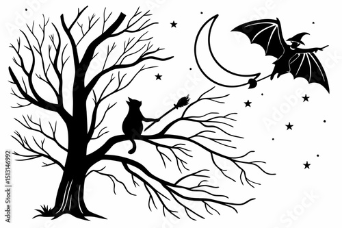 halloween,spooky,haunted house,bare tree,moon,bats,silhouette,dark,monochrome,gothic,vector art
