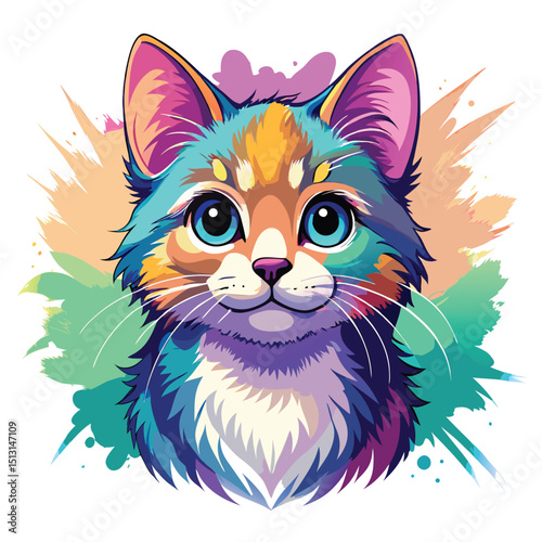 Whimsical Watercolor Portrait of a Smiling Cat with Bright Blue Eyes and Colorful Fur