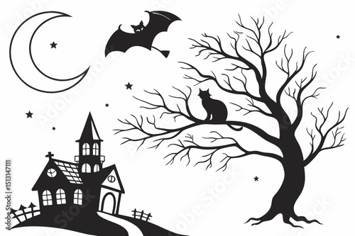 halloween,spooky,haunted house,bare tree,moon,bats,silhouette,dark,monochrome,gothic,vector art
