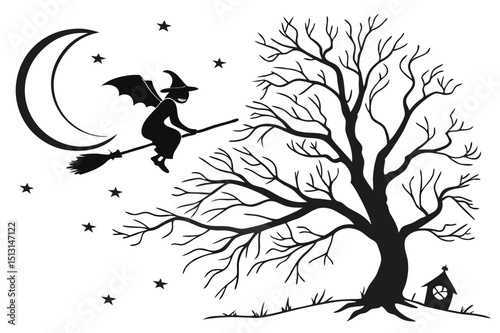 halloween,spooky,haunted house,bare tree,moon,bats,silhouette,dark,monochrome,gothic,vector art

