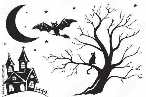 halloween,spooky,haunted house,bare tree,moon,bats,silhouette,dark,monochrome,gothic,vector art
