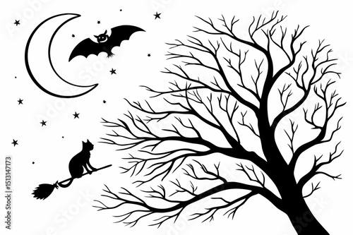halloween,spooky,haunted house,bare tree,moon,bats,silhouette,dark,monochrome,gothic,vector art
