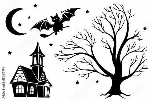 halloween,spooky,haunted house,bare tree,moon,bats,silhouette,dark,monochrome,gothic,vector art
