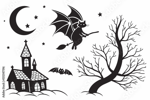 halloween,spooky,haunted house,bare tree,moon,bats,silhouette,dark,monochrome,gothic,vector art

