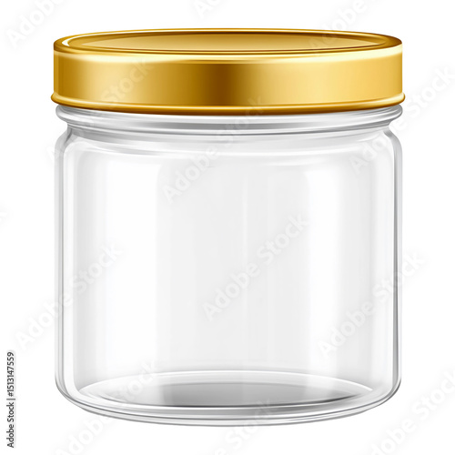 Empty glass jar with gold lid isolated on transparent background.