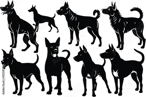 Collection of Silhouettes Diverse Dog Breeds in Black and White