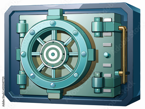 A professional vector of a bank vault with open steel door and thick round handle, isolated on a white background
