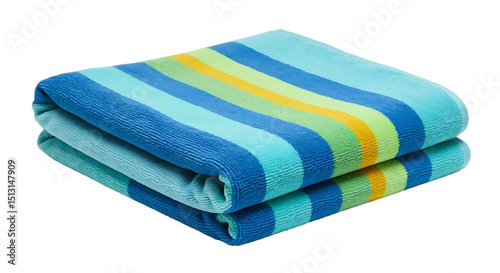 Folded Striped Beach Towel in Blue Green and Yellow isolated on Transparent Background