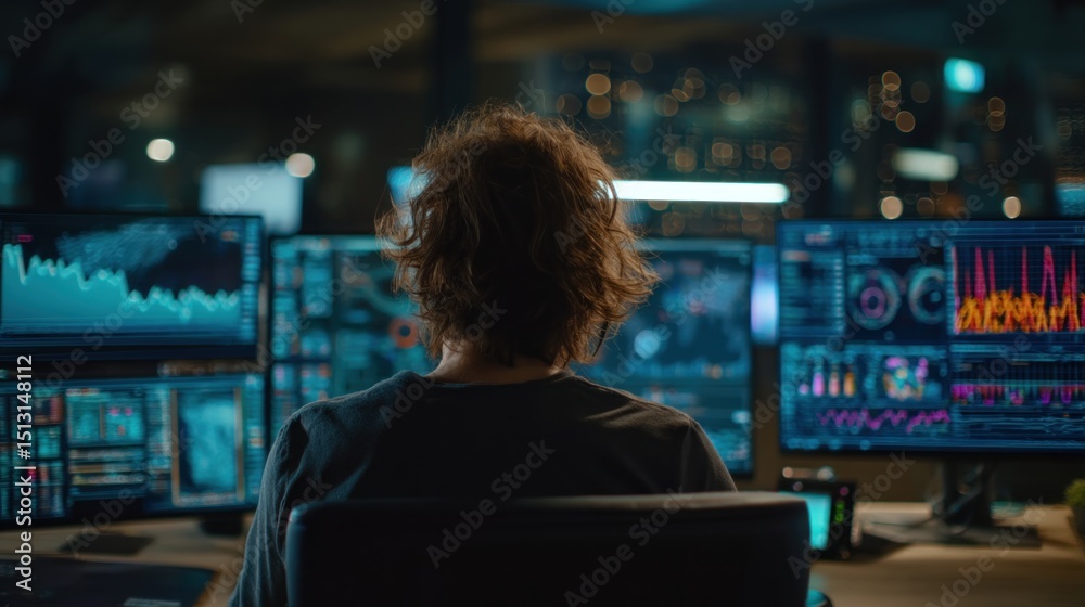 A data scientist working with multiple computer monitors showing graphs and neural networks, dark modern office, glowing screens, futuristic tech environment, focused expression. A data scientist working with multiple computer monitors showing graphs and neural networks, dark modern office, glowing screens, futuristic tech environment, focused expression.