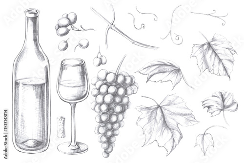 Set of wine bottle, glass, leaves, bunch of grapes, tendrils, cork. Isolated pencil illustration on the theme of grapes for restaurant menu design, packaging products, posters.